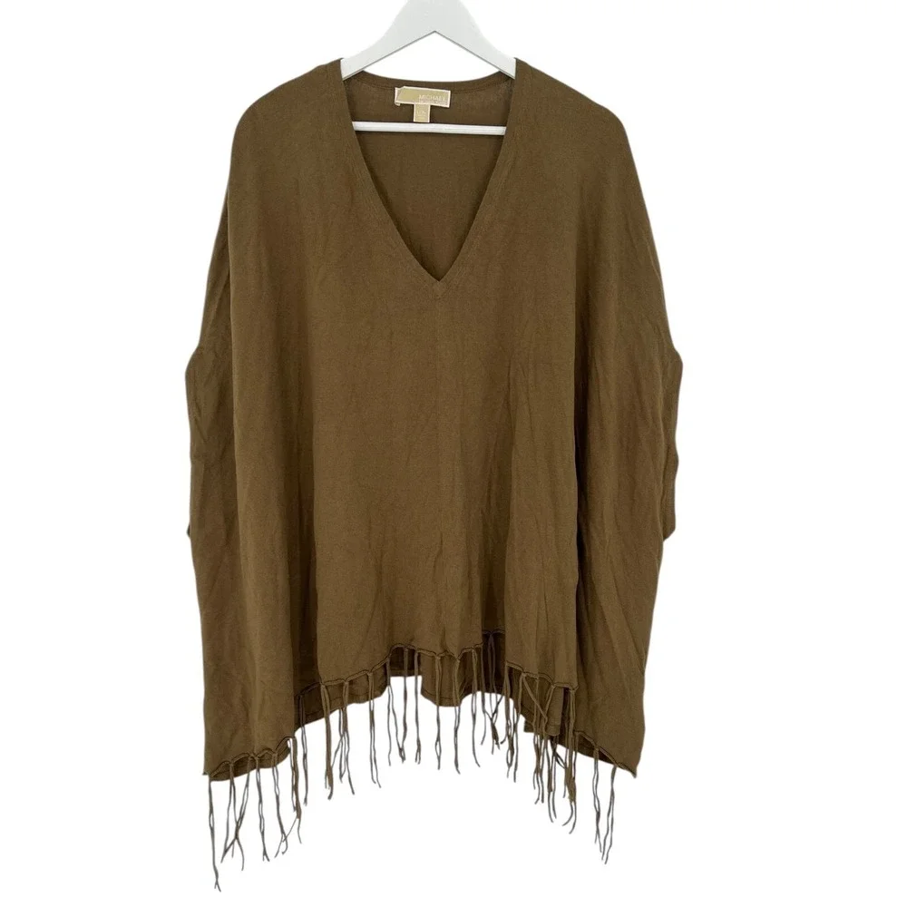 MICHAEL KORS Poncho Sweater V-Neck LARGE/XL Fall Western Lagenlook‎ Fringe
